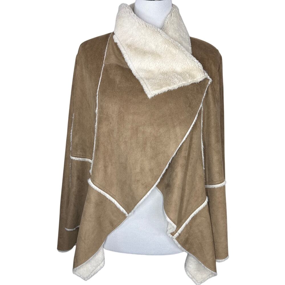 Lovestitch Annalise Faux Suede Sherpa Waterfall Jacket Tan Cream, Medium